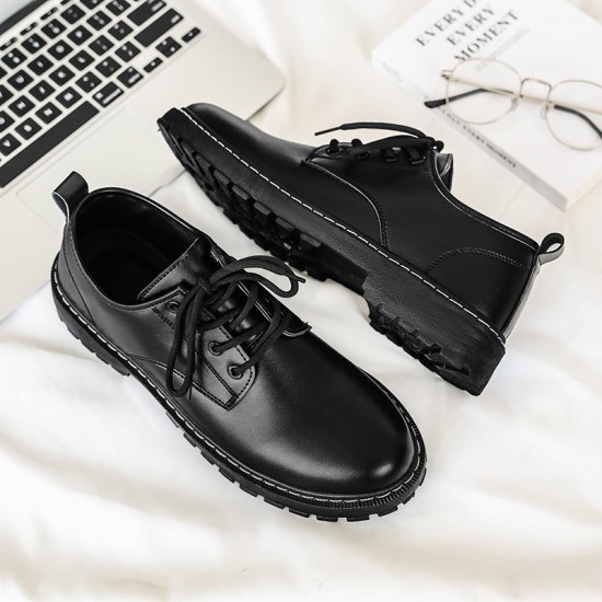 Spring men's breathable black British-style casual leather shoes, business formal for young men, round-toe Martin shoes for men.