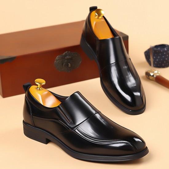 Men's leather slip-on shoes, top-grain cowhide pointed toe shoes, high-end business commuting, black wedding shoes, trendy