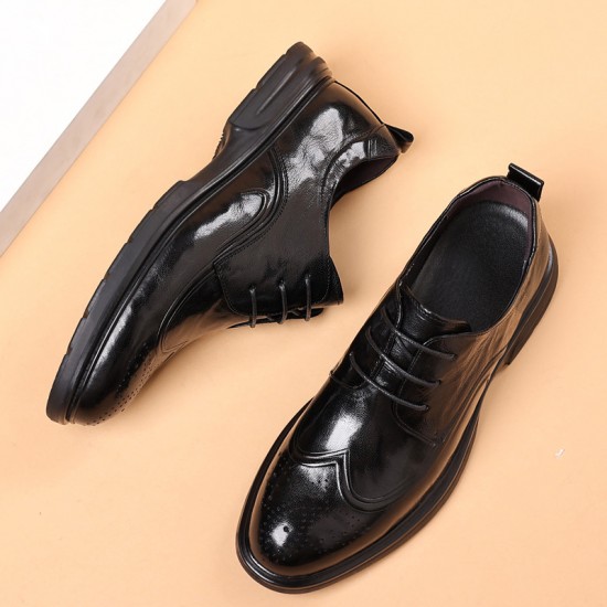 Men's leather shoes, new genuine leather business formal wedding shoes, top-grain sheepskin carved Korean-style commuter lace-up black