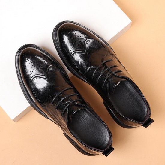 Men's leather shoes, new genuine leather business formal wedding shoes, top-grain sheepskin carved Korean-style commuter lace-up black