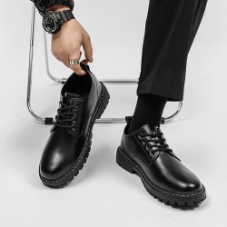 Men's summer black casual leather shoes, British business formal thick-soled, height-enhancing, round-toed, large-toed martin work shoes.