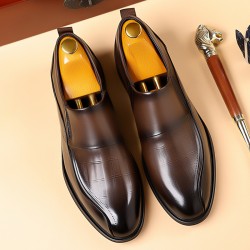 Men's leather slip-on shoes, top-grain cowhide pointed toe shoes, high-end business commuting, black wedding shoes, trendy